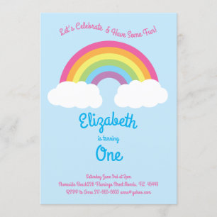 Rainbow Pastel Cute Kids 1st Birthday Party Pink Invitation