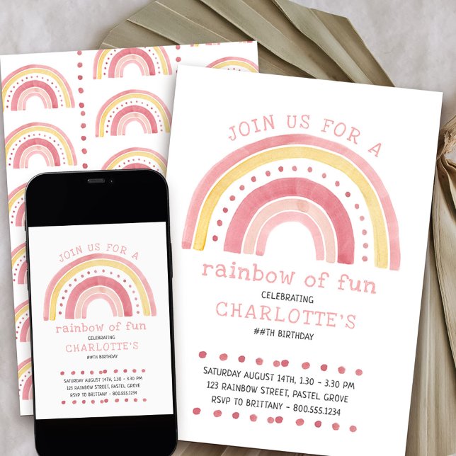 Rainbow Pastel Doodle Art Girl's Birthday Invitation (Rainbow of fun girls birthday invitation)