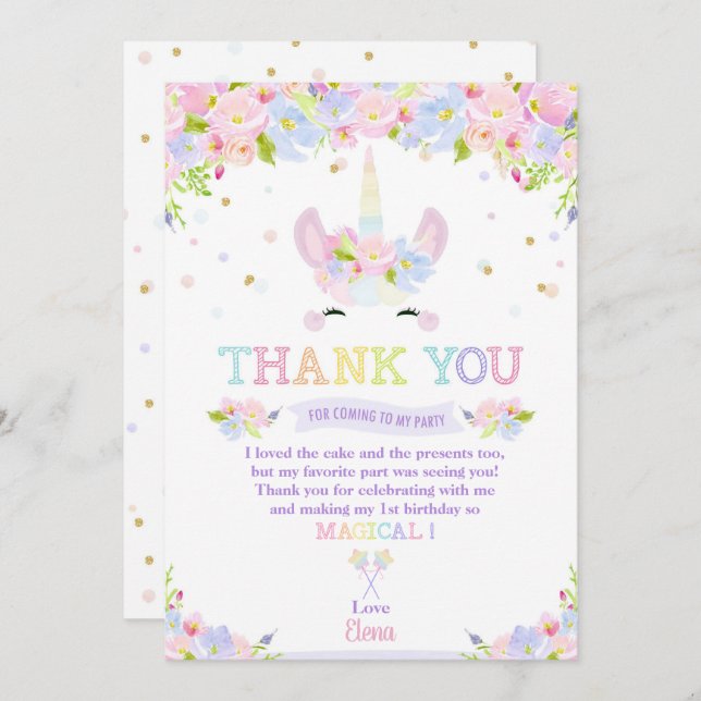 Rainbow Pastel Floral Unicorn Birthday Thank You Invitation (Front/Back)