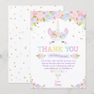 Rainbow Pastel Floral Unicorn Birthday Thank You Invitation
