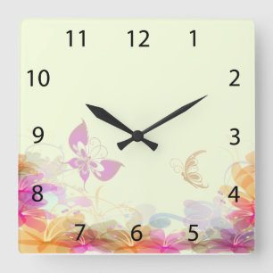 Rainbow Pastel Florals Square Wall Clock