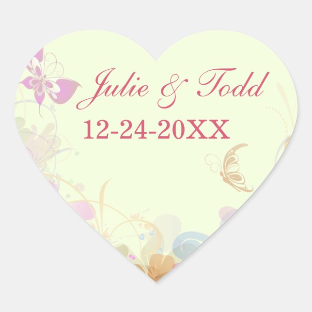 Rainbow Pastel Florals Wedding Save The Date Heart Sticker (Front)
