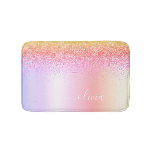 Rainbow Pastel Girly Glitter Metal Monogram Name Bath Mat