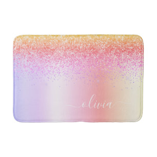 Rainbow Pastel Girly Glitter Metal Monogram Name Bath Mat