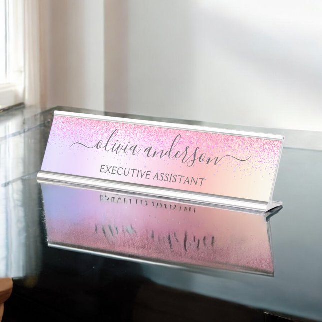 Rainbow Pastel Girly Glitter Metal Monogram Name Desk Name Plate (Creator Uploaded)