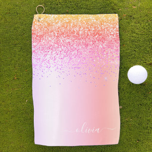 Rainbow Pastel Girly Glitter Metal Monogram Name Golf Towel
