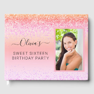 Rainbow Pastel Girly Glitter Metal Monogram Name Guest Book