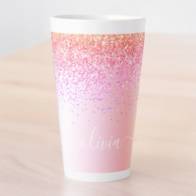 Rainbow Pastel Girly Glitter Metal Monogram Name Latte Mug (Creator Uploaded)