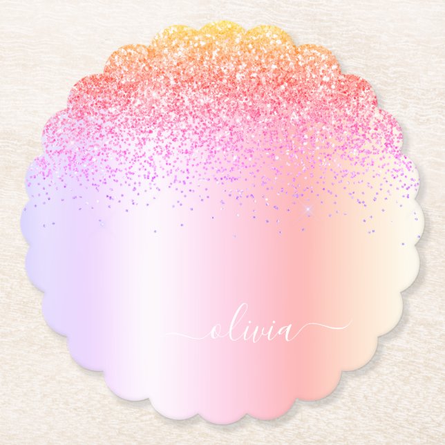 Rainbow Pastel Girly Glitter Metal Monogram Name Paper Coaster (Front)