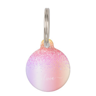 Rainbow Pastel Girly Glitter Metal Monogram Name Pet Tag