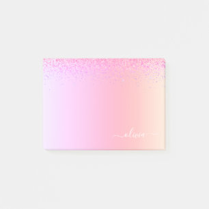 Rainbow Pastel Girly Glitter Metal Monogram Name Post-it Notes