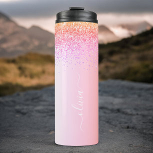 Rainbow Pastel Girly Glitter Metal Monogram Name Thermal Tumbler