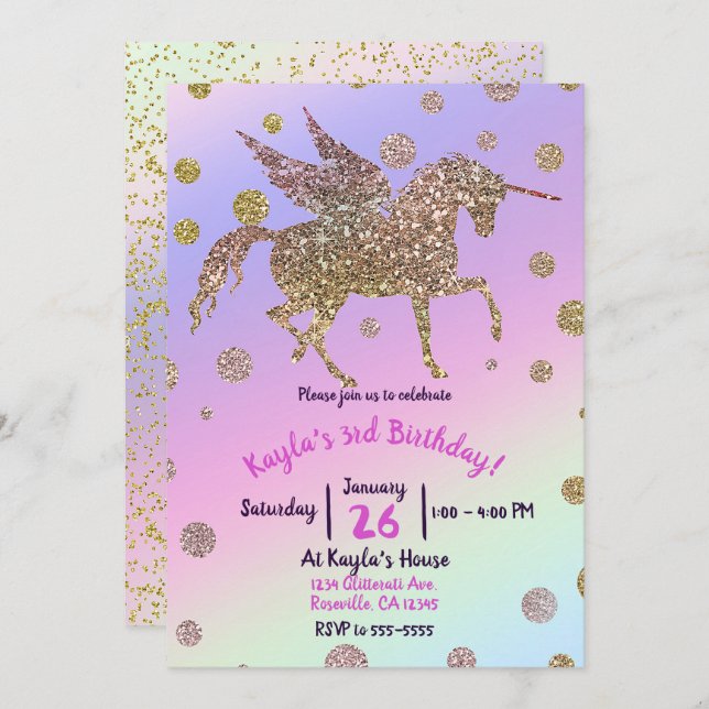 Rainbow Pastel Gold Dots Unicorn Birthday Party Invitation (Front/Back)
