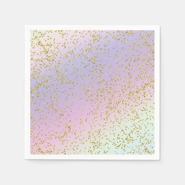 Rainbow Pastel Gold Glitter Fantasy Birthday Party Napkin (Front)