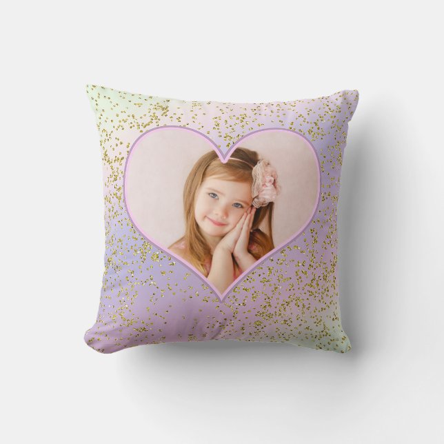 Rainbow Pastel Gold Glitter Heart Photo Picture Cushion (Front)
