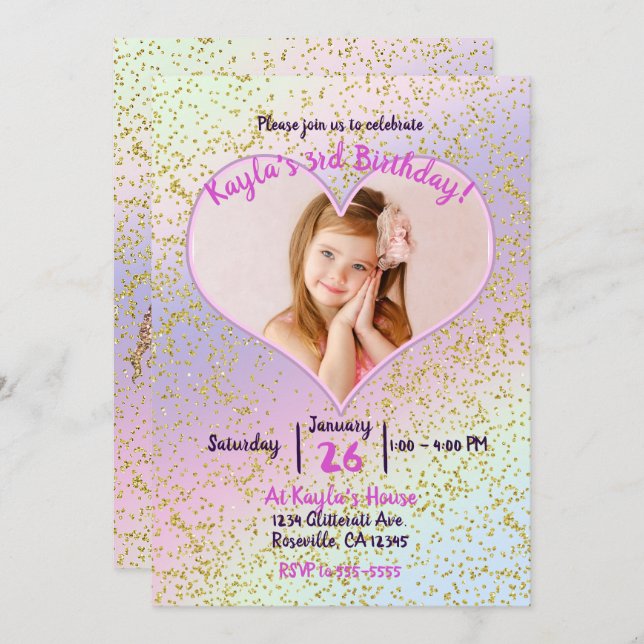 Rainbow Pastel Gold Glitter Unicorn Photo Party Invitation (Front/Back)