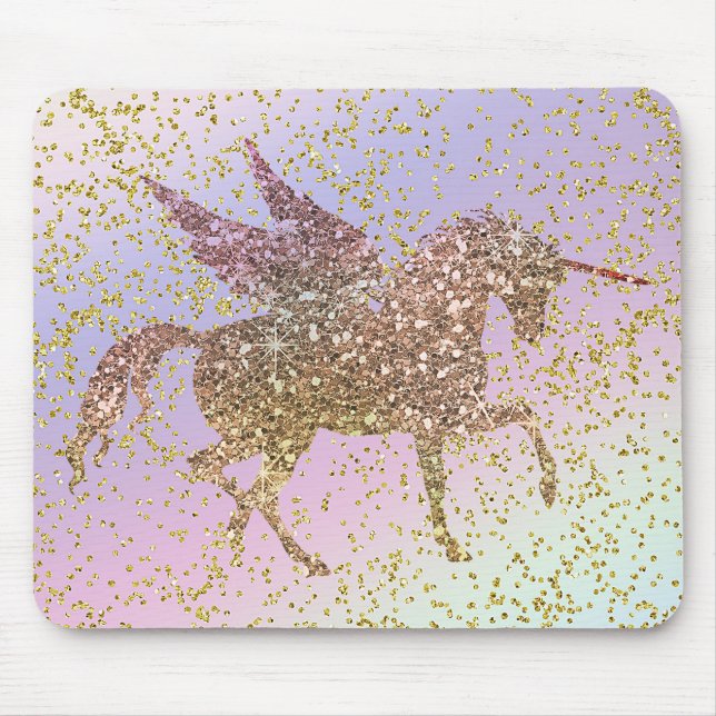 Rainbow Pastel Gold Glitter Unicorn Trendy Girls Mouse Pad (Front)