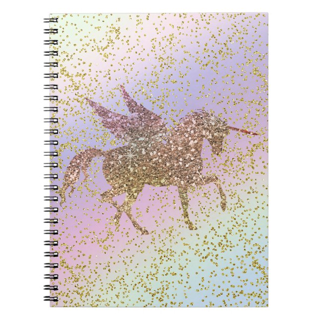 Rainbow Pastel Gold Glitter Unicorn Trendy Girls Notebook (Front)
