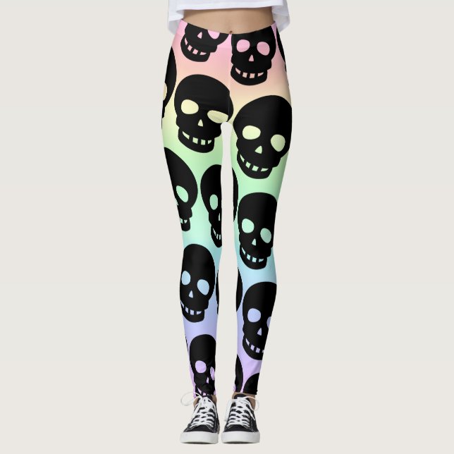 Rainbow Pastel Goth Skulls Big Print Leggings (Front)