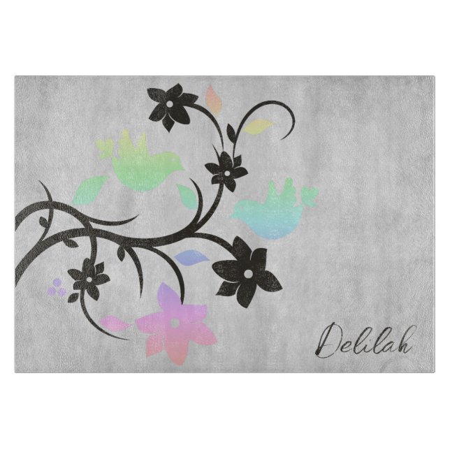 Rainbow Pastel Lovebirds Personalised Cutting Board (Front)