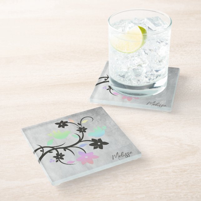 Rainbow Pastel Lovebirds Personalised Glass Coaster (Angled)