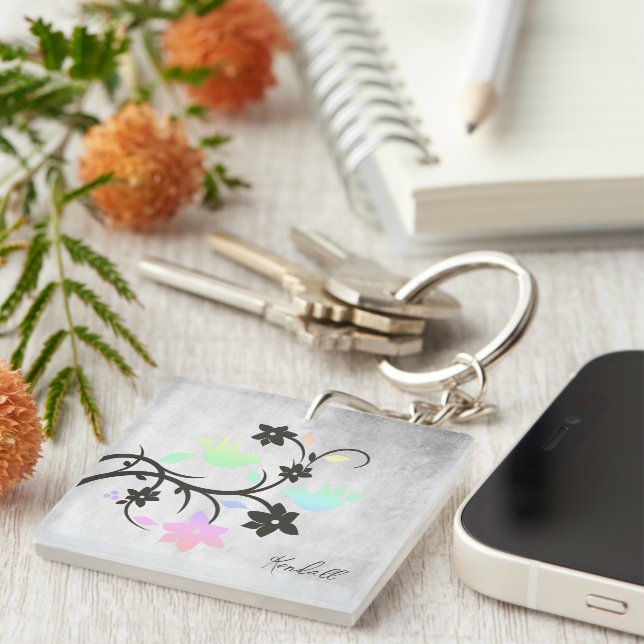 Rainbow Pastel Lovebirds Personalised Keychain (Front Right)