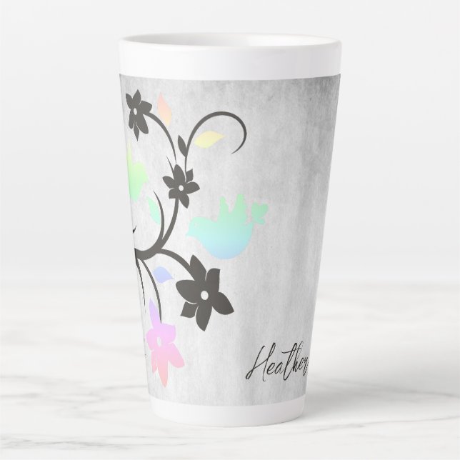 Rainbow Pastel Lovebirds Personalised Latte Mug (Front)