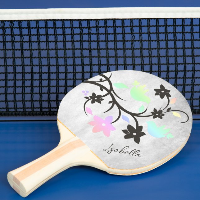 Rainbow Pastel Lovebirds Personalised Ping Pong Paddle (Insitu)