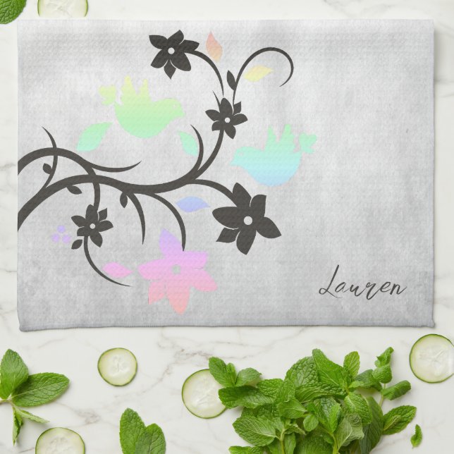Rainbow Pastel Lovebirds Personalised Tea Towel (Folded)