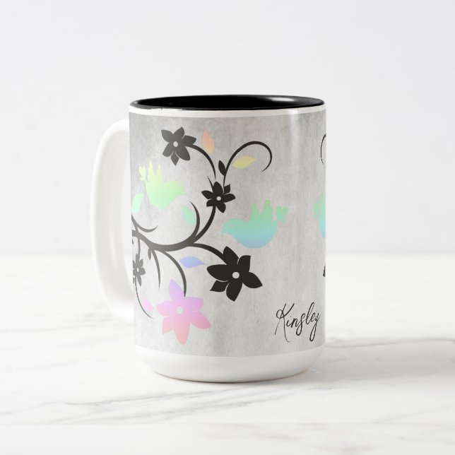 Rainbow Pastel Lovebirds Two-Tone Coffee Mug (Front Left)