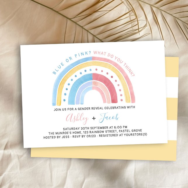 Rainbow Pastel Pink Blue Yellow Gender Reveal Invitation (Gender Reveal invitation with cute rainbow . blue or pink, what do you think?)