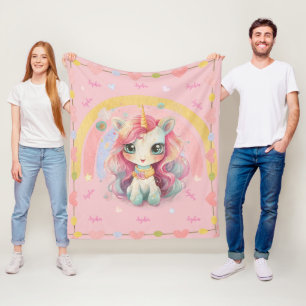 Rainbow Pastel Rose Kawaii Unicorn Fleece Blanket