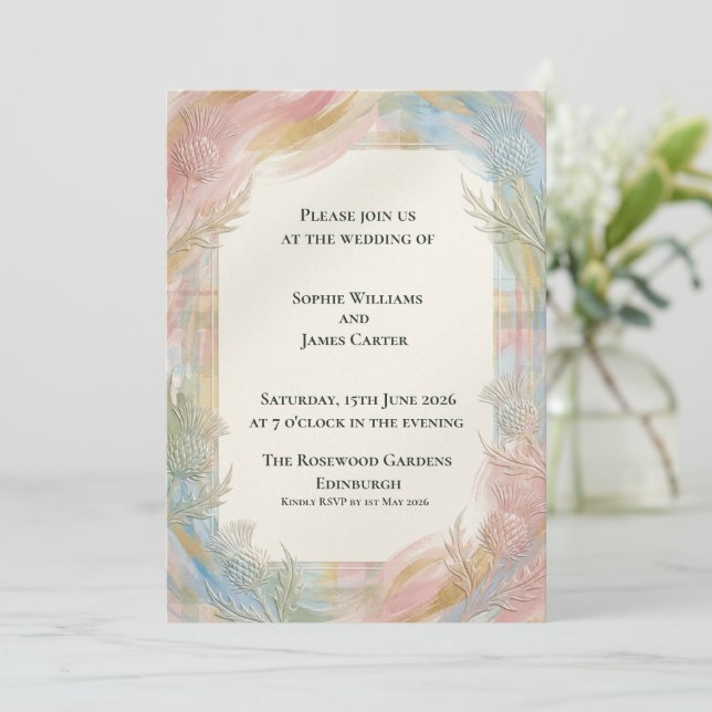 Rainbow Pastel Thistle Floral Tartan Scottish Wedd Invitation (Standing Front)