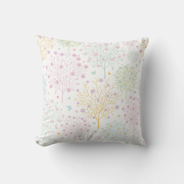 Rainbow Pastel Trees Hand Drawn Doodle Print Cushion (Front)