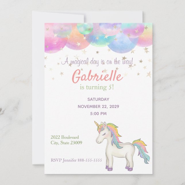 Rainbow Pastel Unicorn Kids Birthday Invitation (Front)