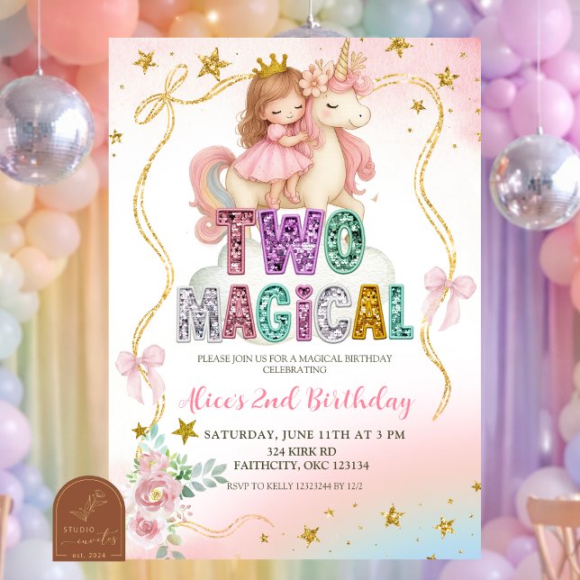 Rainbow Pastel Unicorn TWO Magical Birthday Invita Invitation (Creator Uploaded)