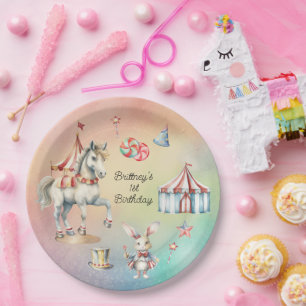 Rainbow Pastel w Animals 1st Birthday Party Paper Plate