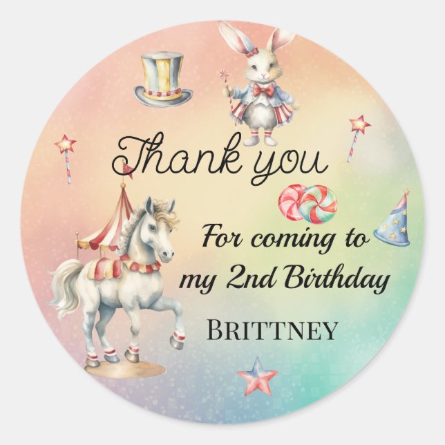 Rainbow Pastel w Animals 2nd Birthday Party Classic Round Sticker (Front)