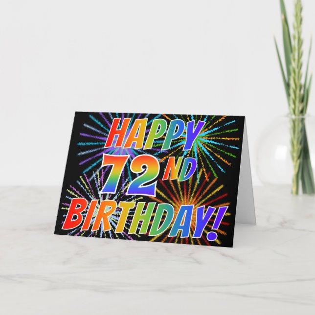 Rainbow Pattern "HAPPY 72ND BIRTHDAY!" + Fireworks Card (Front)