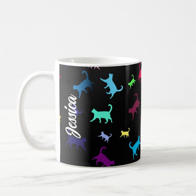 Rainbow Pattern Name Monogram Cats  Coffee Mug (Left)