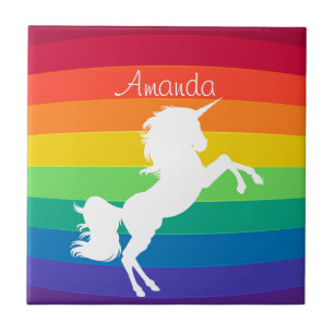 Rainbow Pattern White Unicorn Personalised Custom Ceramic Tile