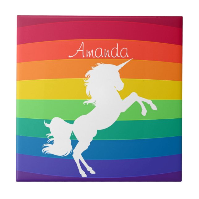 Rainbow Pattern White Unicorn Personalised Custom Ceramic Tile (Front)