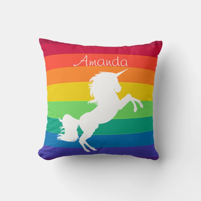 Rainbow Pattern White Unicorn Personalised Custom Cushion (Front)