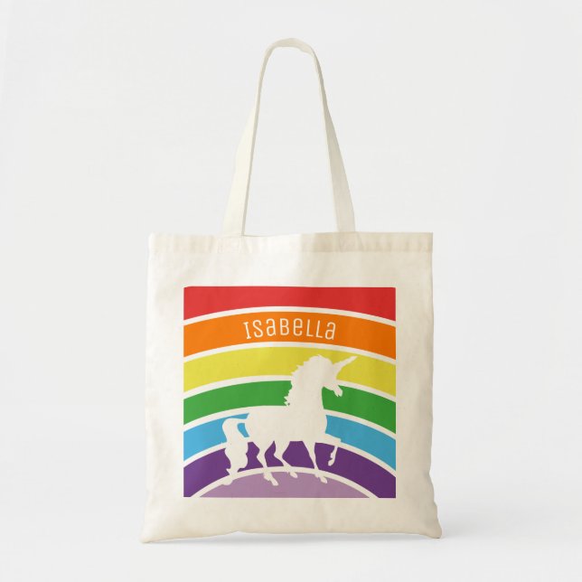 Rainbow Pattern White Unicorn Personalised Kids Tote Bag (Front)