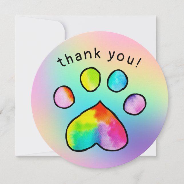 Rainbow Paw Print Birthday Party Thank You Cards (Front)