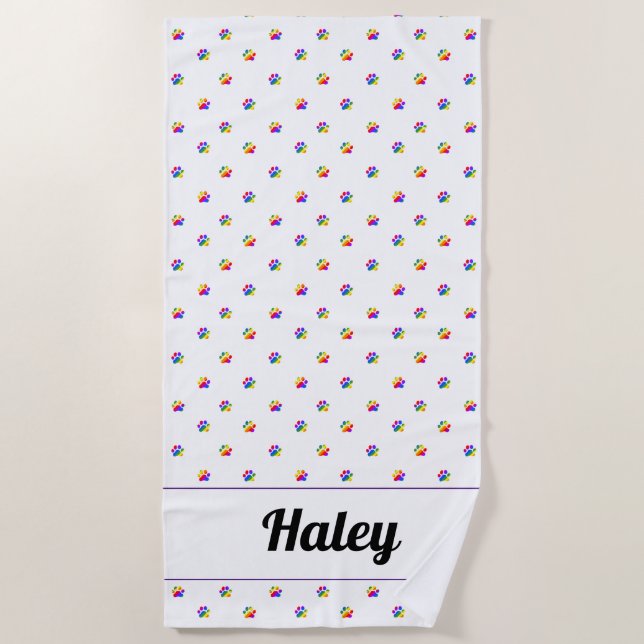 Rainbow Paw Prints Custom Name Beach Towel (Front)