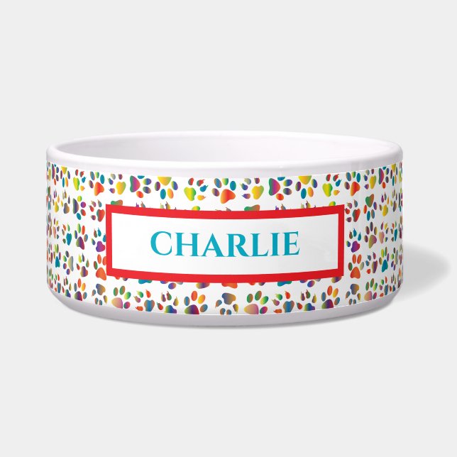 Rainbow Paw Prints Dog Bowl (Front)