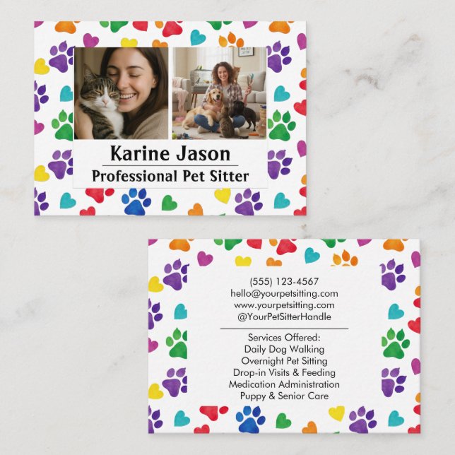 Rainbow Paw Prints  Hearts Customizable Pet Sitter Business Card (Front/Back)