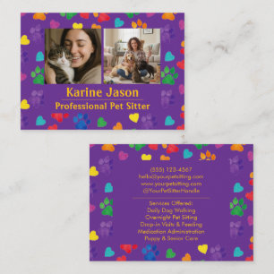 Rainbow Paw Prints Hearts Customizable Pet Sitter Business Card