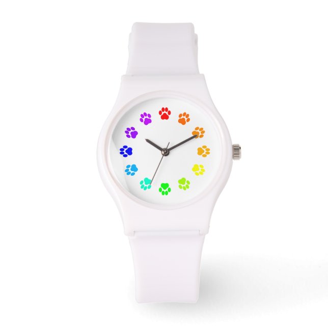 Rainbow Pawprint White Women's Watch (Front)